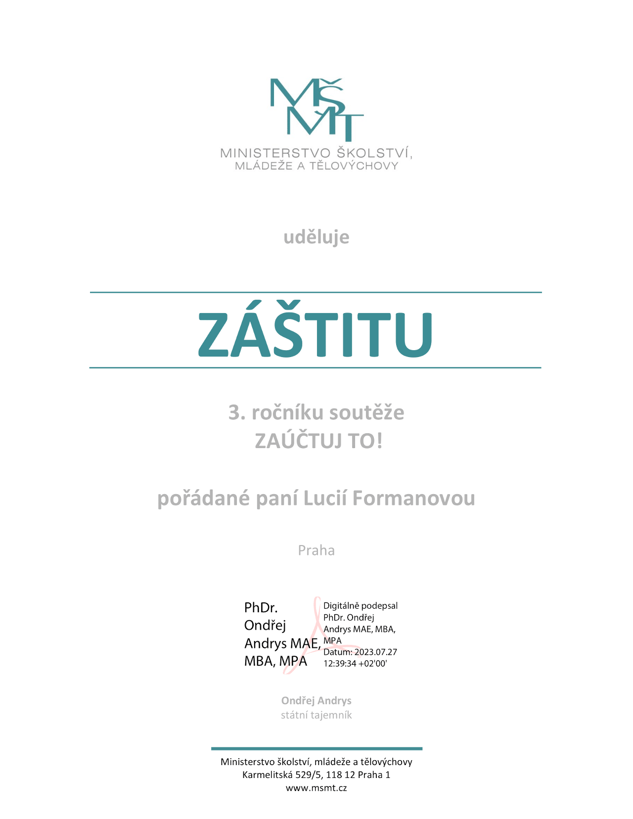 Záštita MŠMT